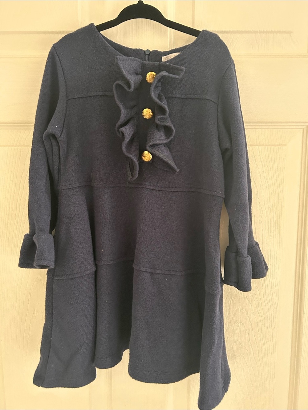 Navy Ruffle-Front Long Sleeve Dress for Girls